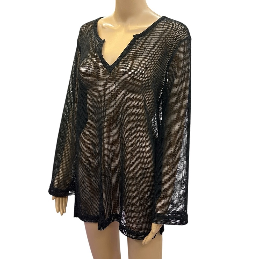 Sand N Sun Black Mesh Sequined Slit V Neck Beach Pullover Cover Up Womens Small